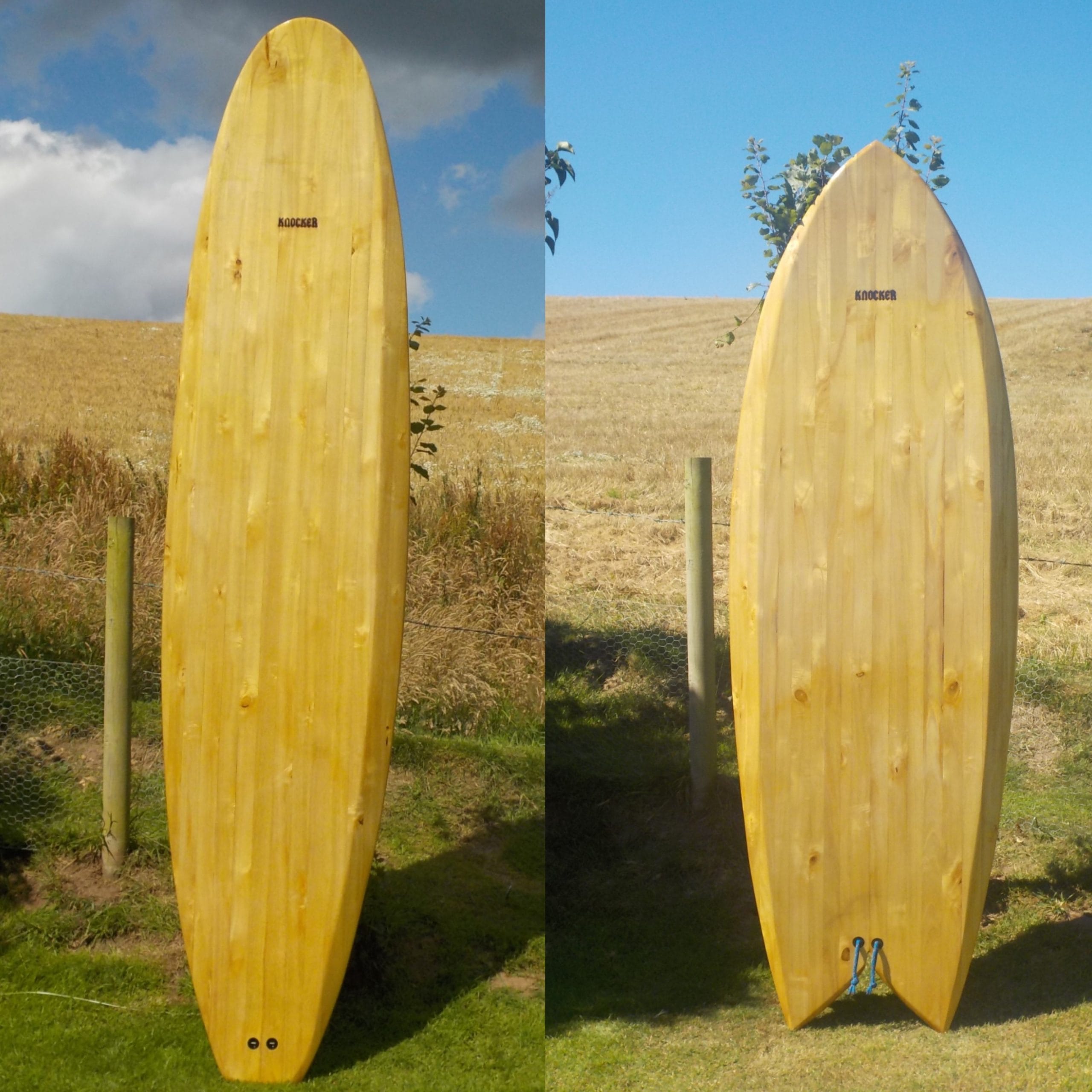 Dos tablas de surf de paulownia terminadas, apoyadas en un campo