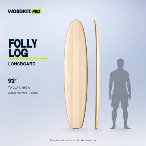 FOLLY LOG 9′2″, diseño Paul Rice / Terrapin — presentación con silueta adulta a escala real. Kit de tabla de surf hueca de Paulownia WOODKIT. Visualización de diseño.