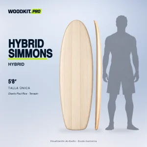 HYBRID SIMMONS 5′8″, diseño Paul Rice / Terrapin — presentación con silueta adulta a escala real. Kit de tabla de surf hueca de Paulownia WOODKIT. Visualización de diseño.