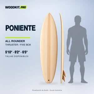 WOODKIT Poniente — presentación con silueta adulta a escala real. Kit de tabla de surf hueca de Paulownia. Visualización de diseño.