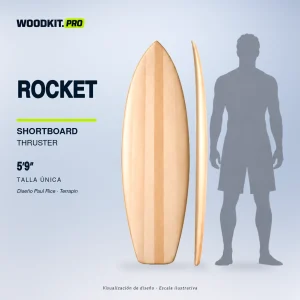 ROCKET 5′9″, diseño Paul Rice / Terrapin — presentación con silueta adulta a escala real. Kit de tabla de surf hueca de Paulownia WOODKIT. Visualización de diseño.