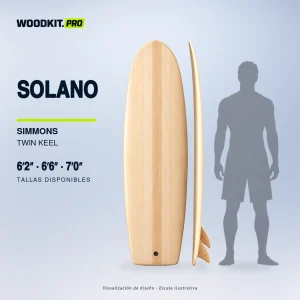 WOODKIT Solano — presentación con silueta adulta a escala real. Kit de tabla de surf hueca de Paulownia. Visualización de diseño.