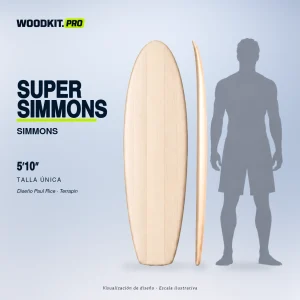 SUPER SIMMONS 5′10″, diseño Paul Rice / Terrapin — presentación con silueta adulta a escala real. Kit de tabla de surf hueca de Paulownia WOODKIT. Visualización de diseño.