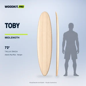TOBY 7′2″, diseño Paul Rice / Terrapin — presentación con silueta adulta a escala real. Kit de tabla de surf hueca de Paulownia WOODKIT. Visualización de diseño.