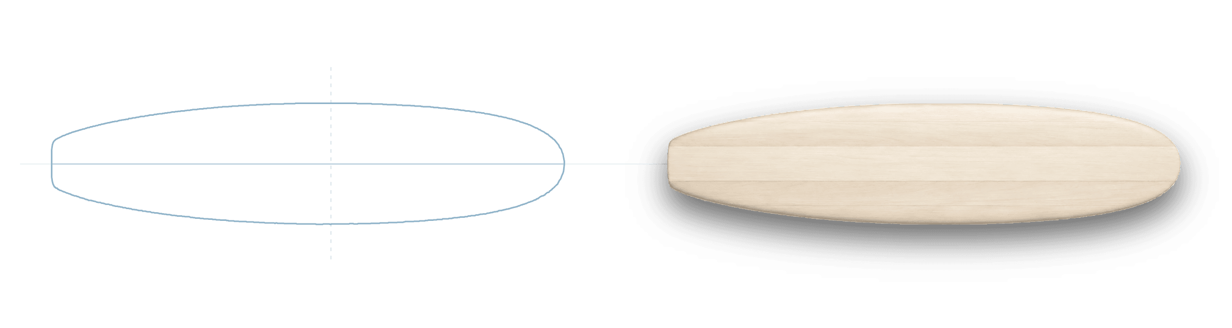 WOODKIT.PRO | Para marcas |1 Outline de una tabla de surf como dibujo técnico junto al mismo modelo construido en madera de paulownia